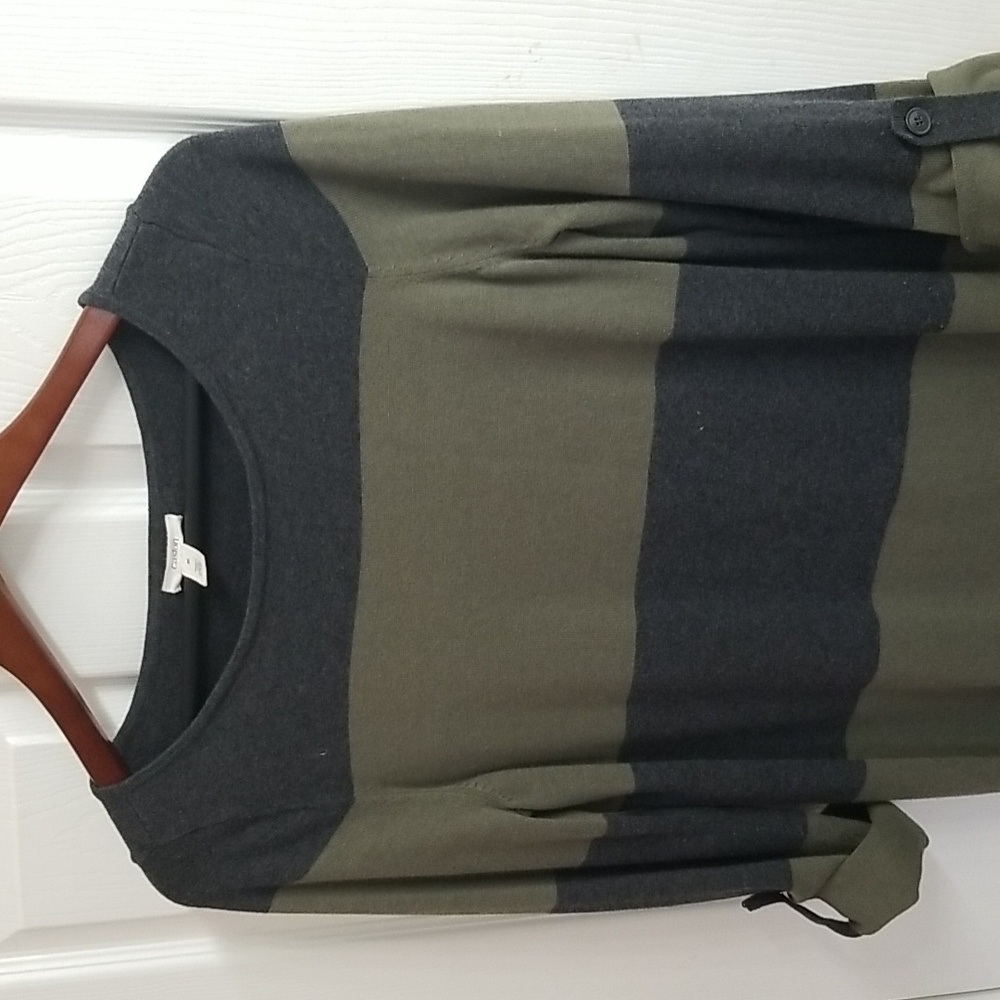 Caslon olive/grey striped cotton blend sweater, size medium